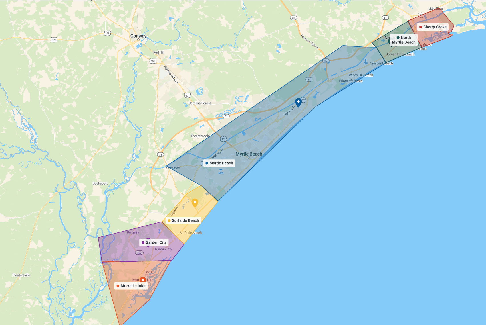 QuickChoice Rentals service area map covering Myrtle Beach, North Myrtle Beach, Cherry Grove, Surfside Beach, Garden City, and Murrell's Inlet